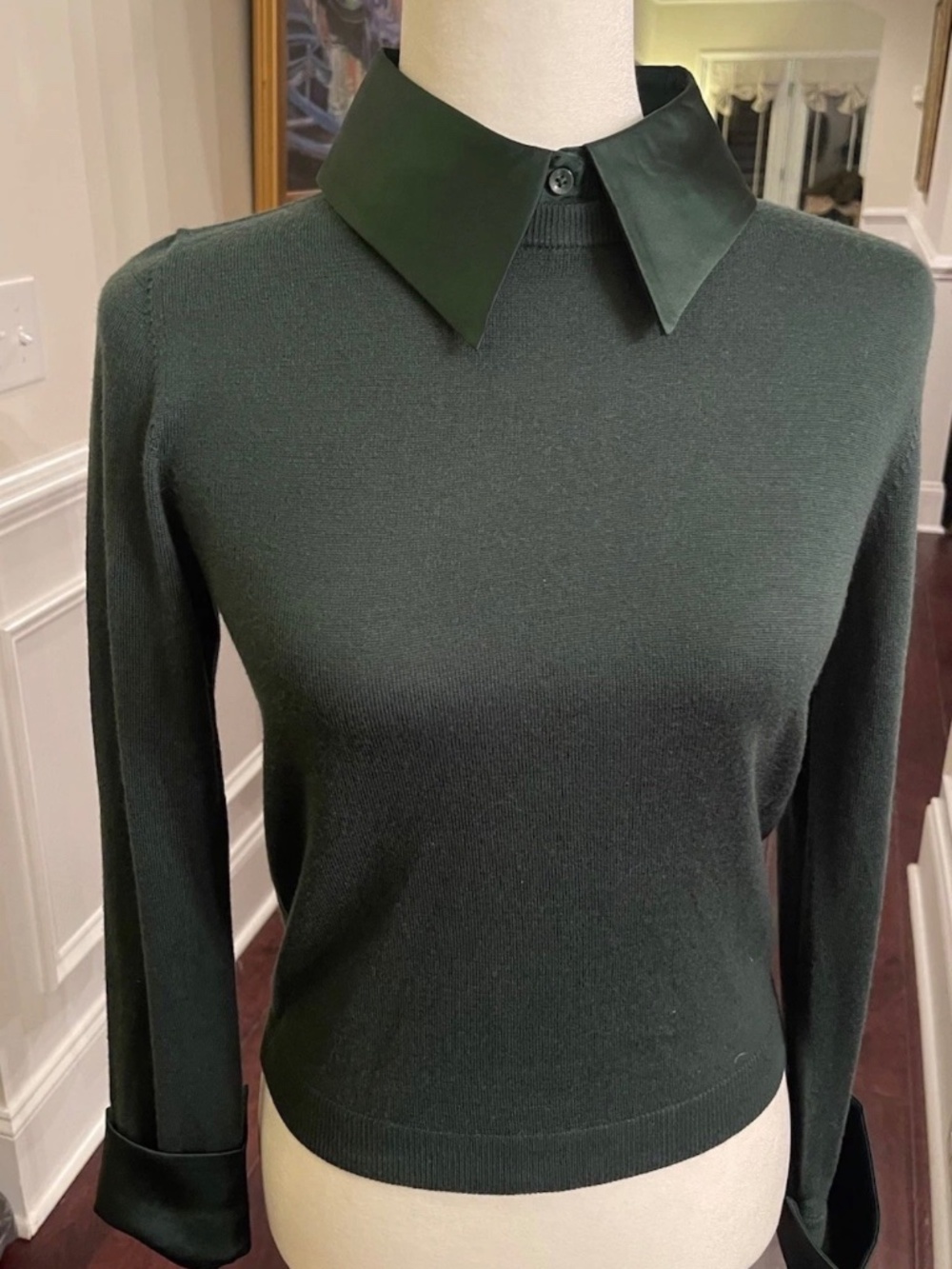 Alice + Olivia Porla Stretch Wool Silk Collared Sweater In Green Mystique L NWT